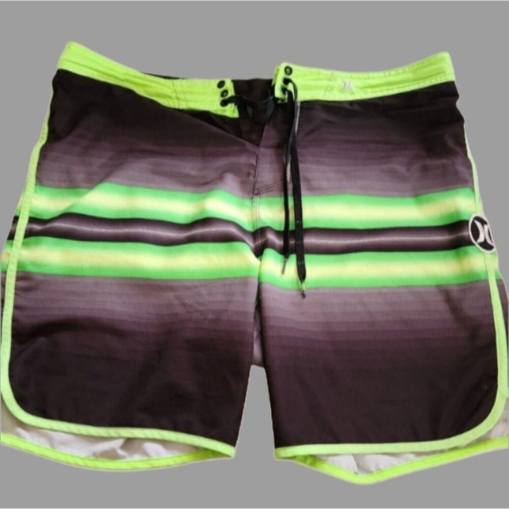 Hurley 36 Green and Black Board Shorts Sporty Stripes Water Swimwear